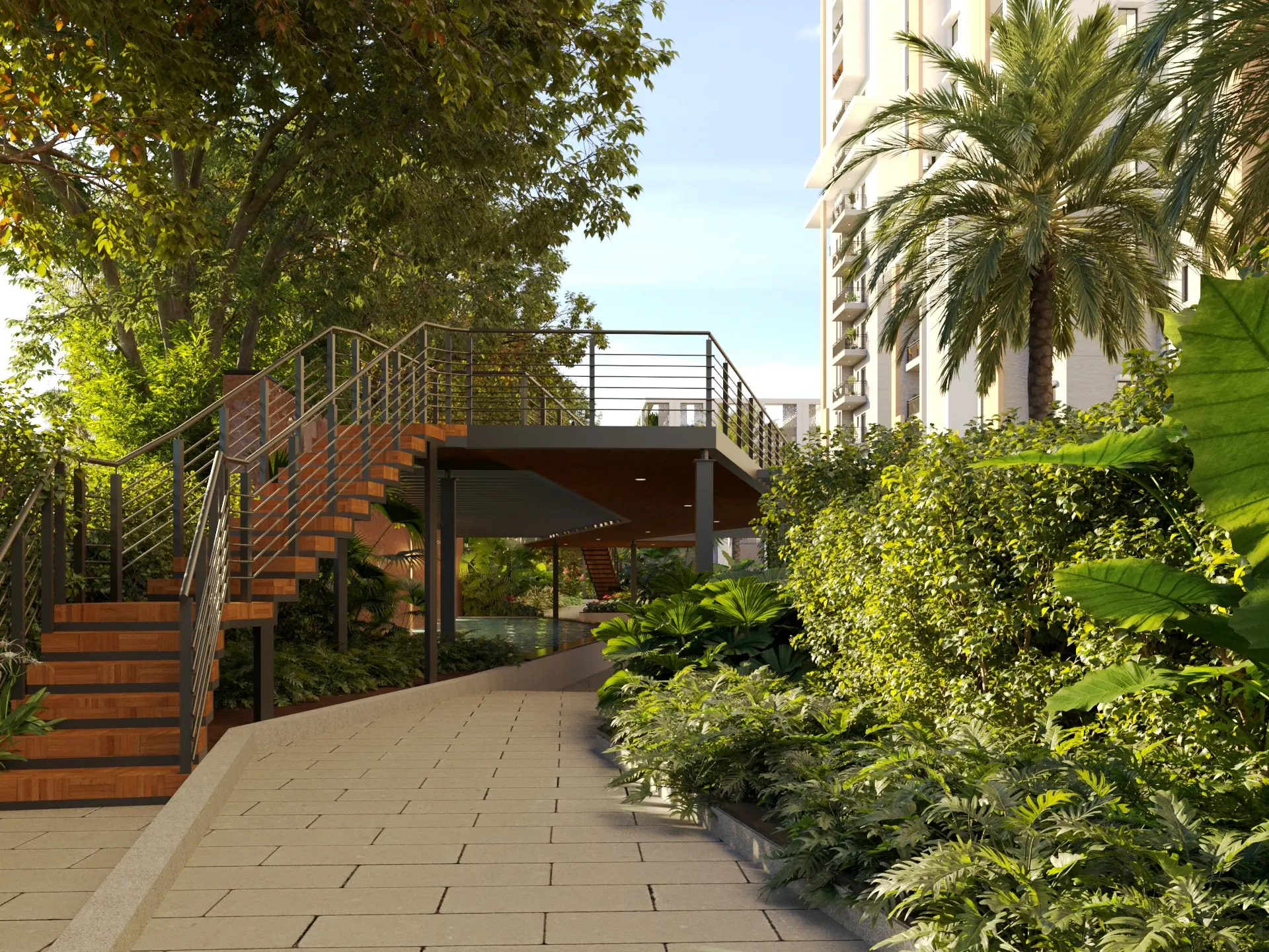A landscaped walkway and raised timber deck in the gardens at Bricks Marvella