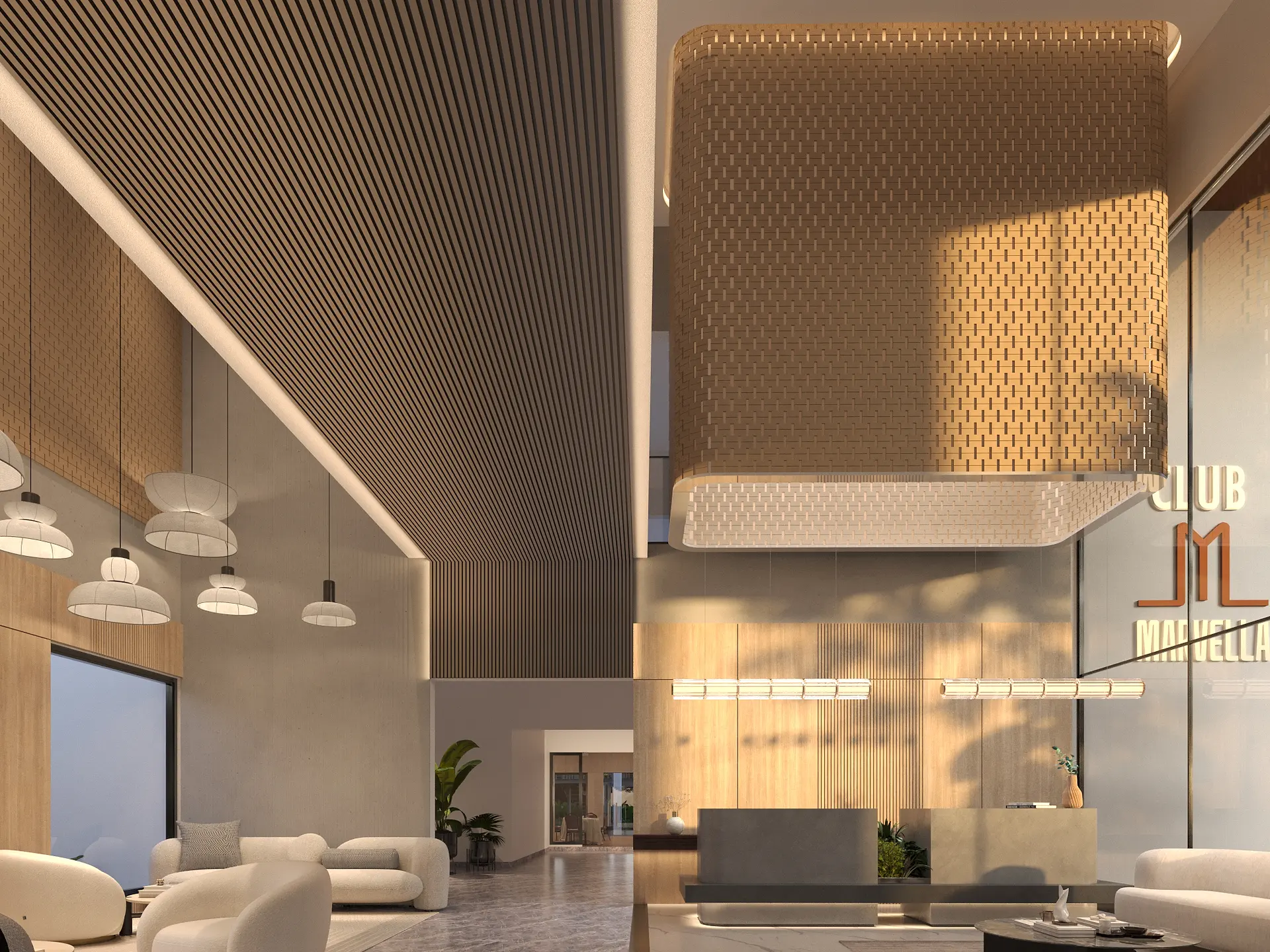 The double-height clubhouse lobby and reception at Bricks Marvella