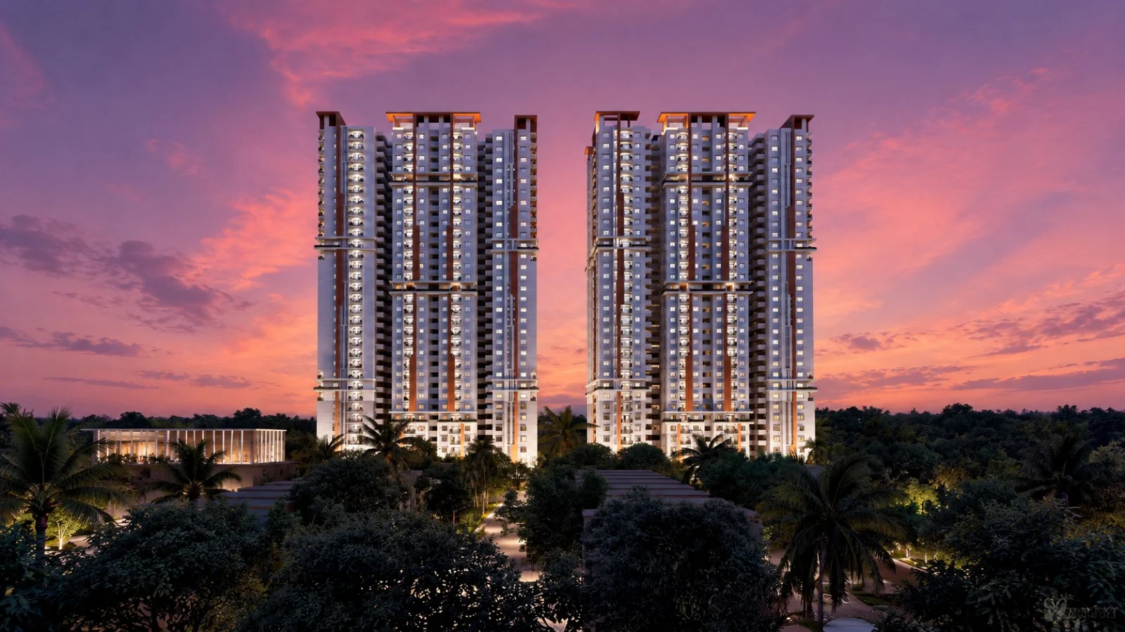 The two Bricks Marvella towers lit at dusk, Tellapur