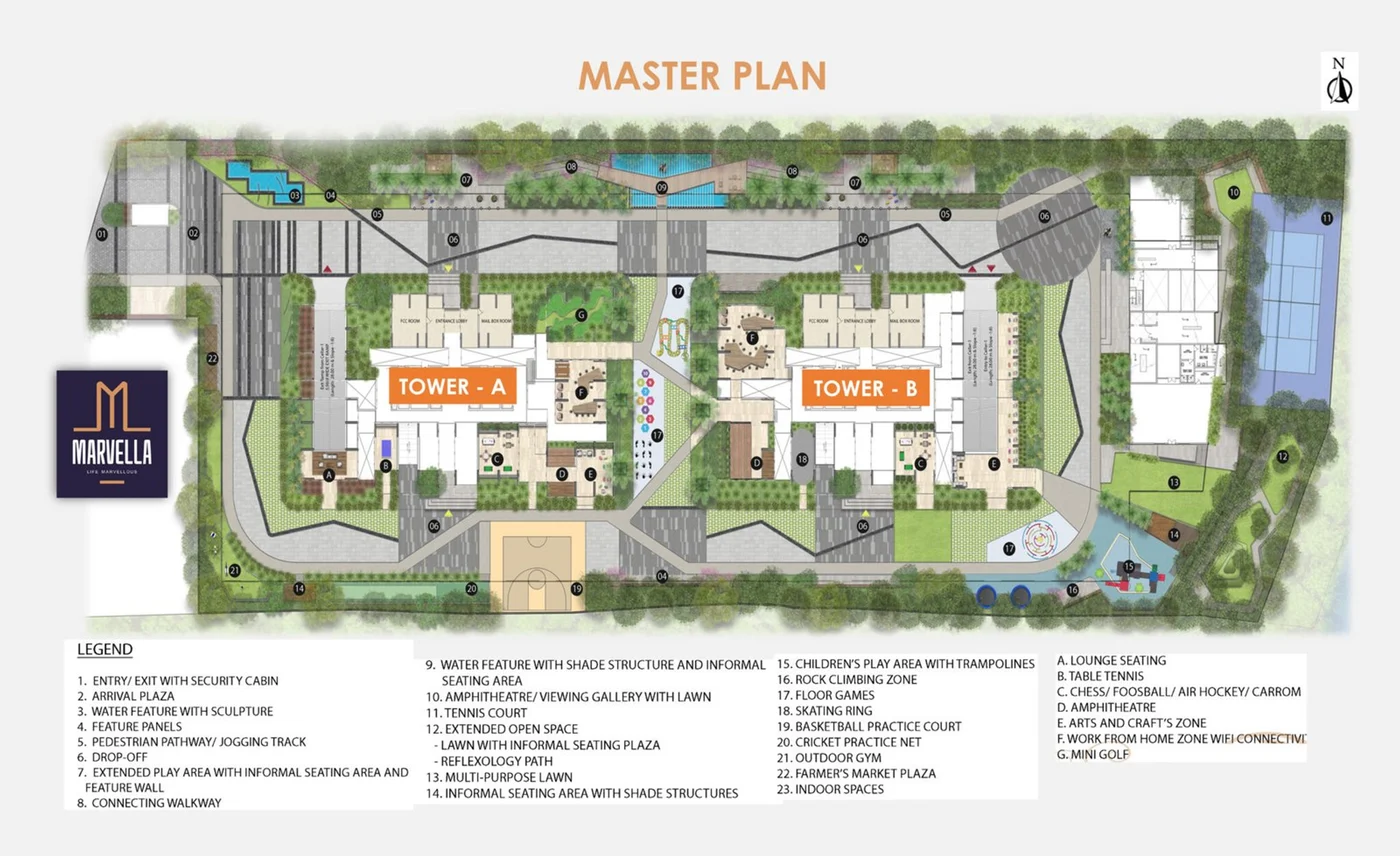 Bricks Marvella master plan: two towers, clubhouse and landscaped open space across 4.5 acres